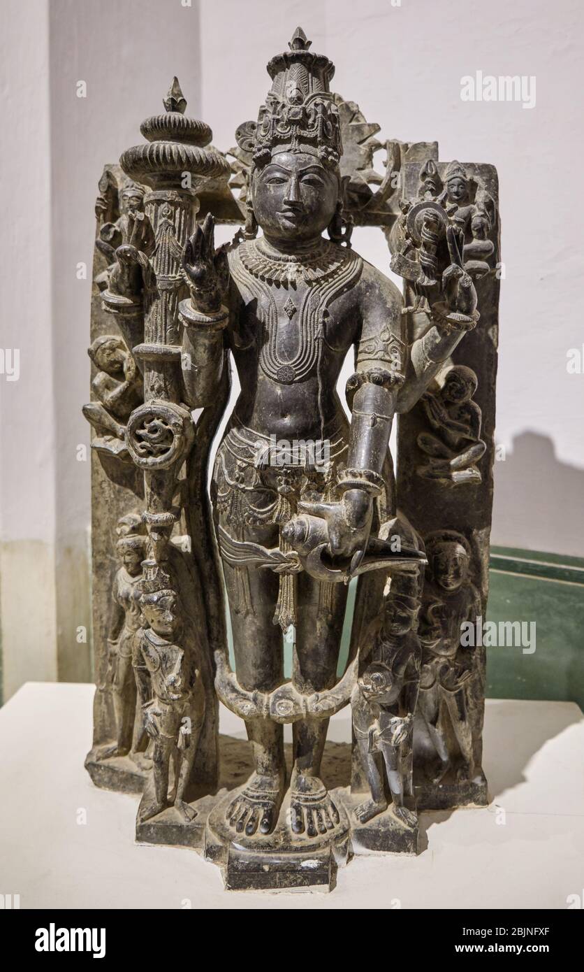 Jaipur, Rajasthan / India September 29, 2019 Black stone sculpture of “Chaturbhuj Vishnu