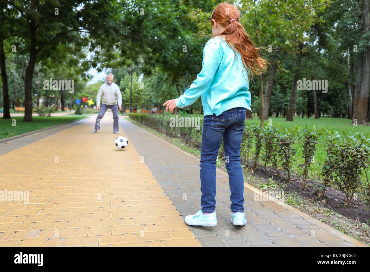 Little girl with grandfather playing football in park Stock Photo - Alamy