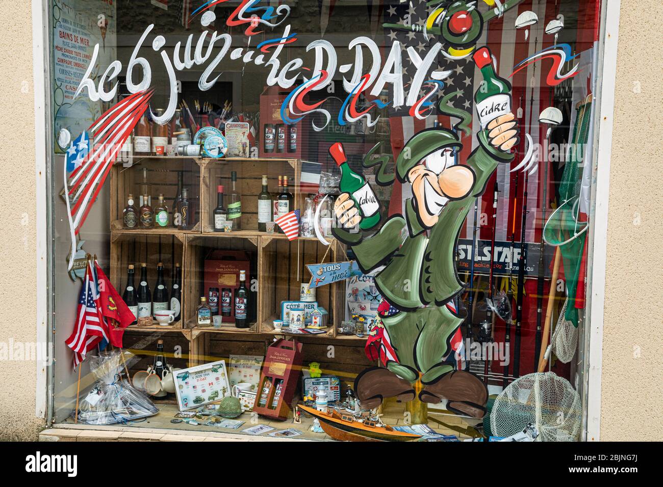 Shop window decorated for the 75th anniversary of D-Day, Isigny-sur-Mer, Calvados, Normandy, France, 2019 Stock Photo