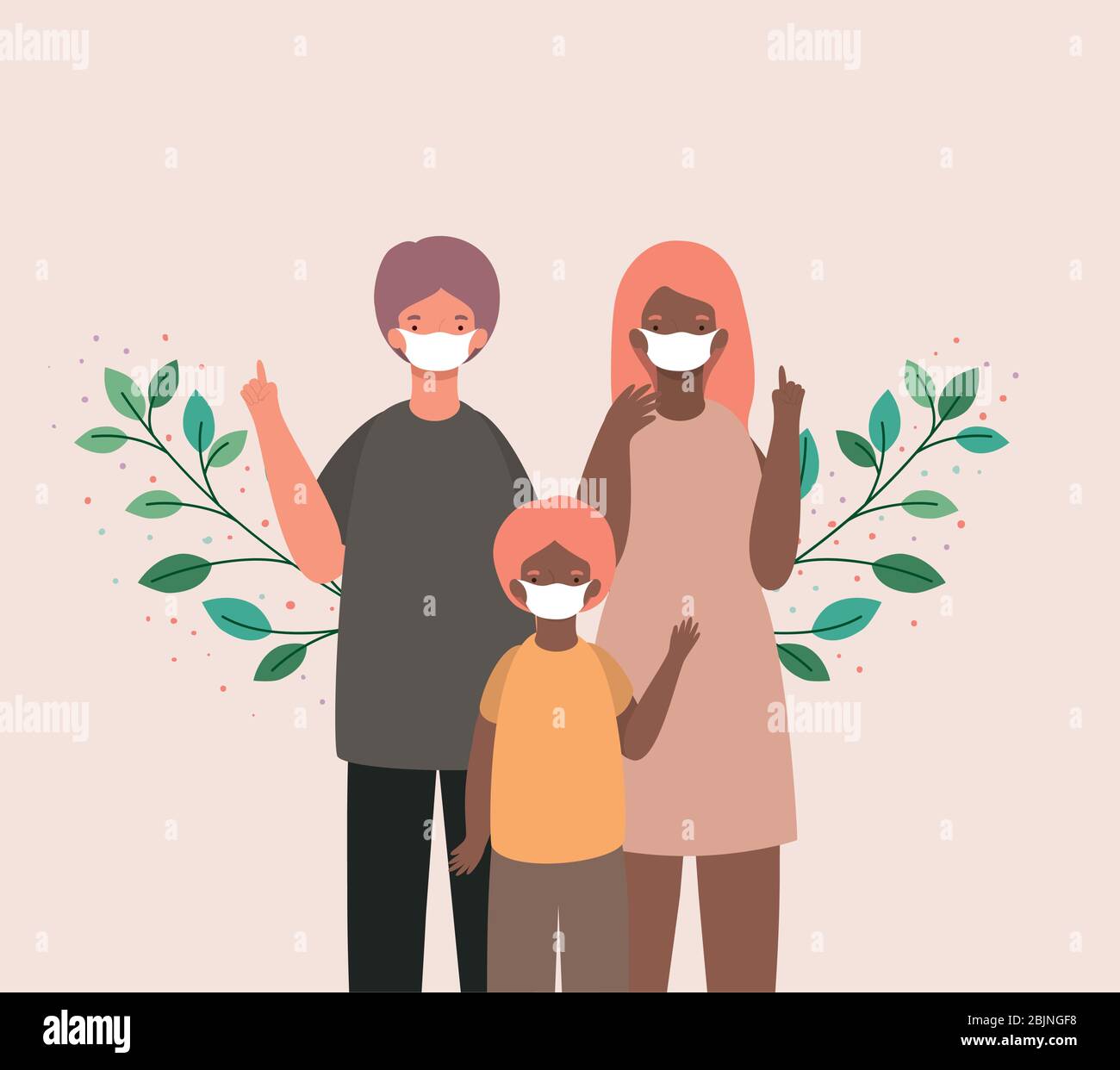Mother father and son with masks and leaves vector design Stock Vector ...