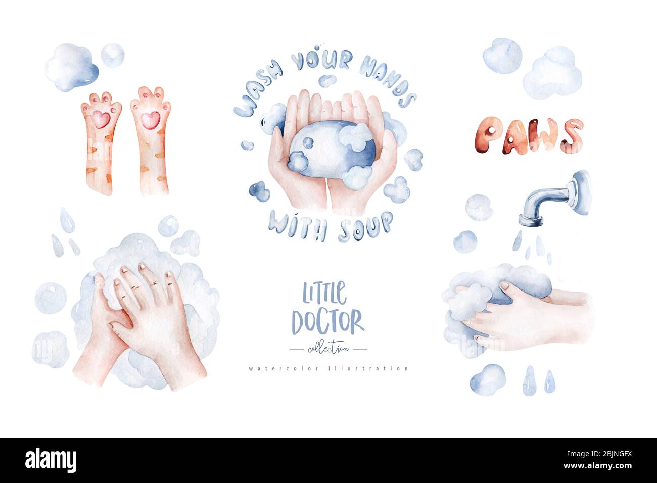 Wash your hand kids poster watercolor illustration with cat paws. hand drawing. hand washing. Drawing in cartoon style. Personal hygiene. Stock Photo