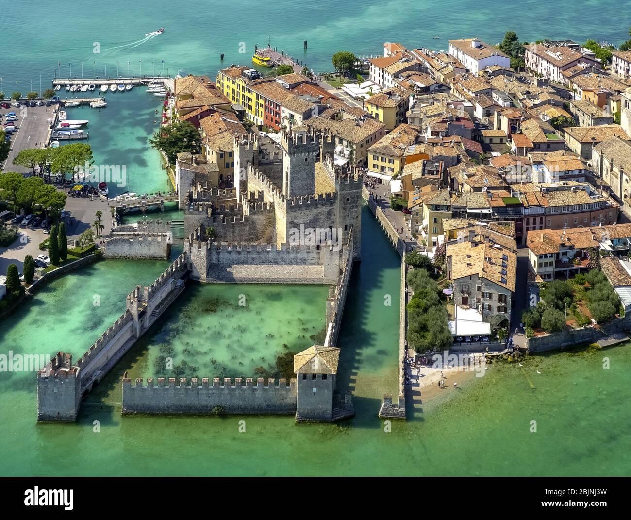 castel Castello Di Sirmione on peninsula Sirmione on Lago di Garda, 01.09.2016, aerial view, Italy, Lombardy, Lake Garda, Sirmione Stock Photo