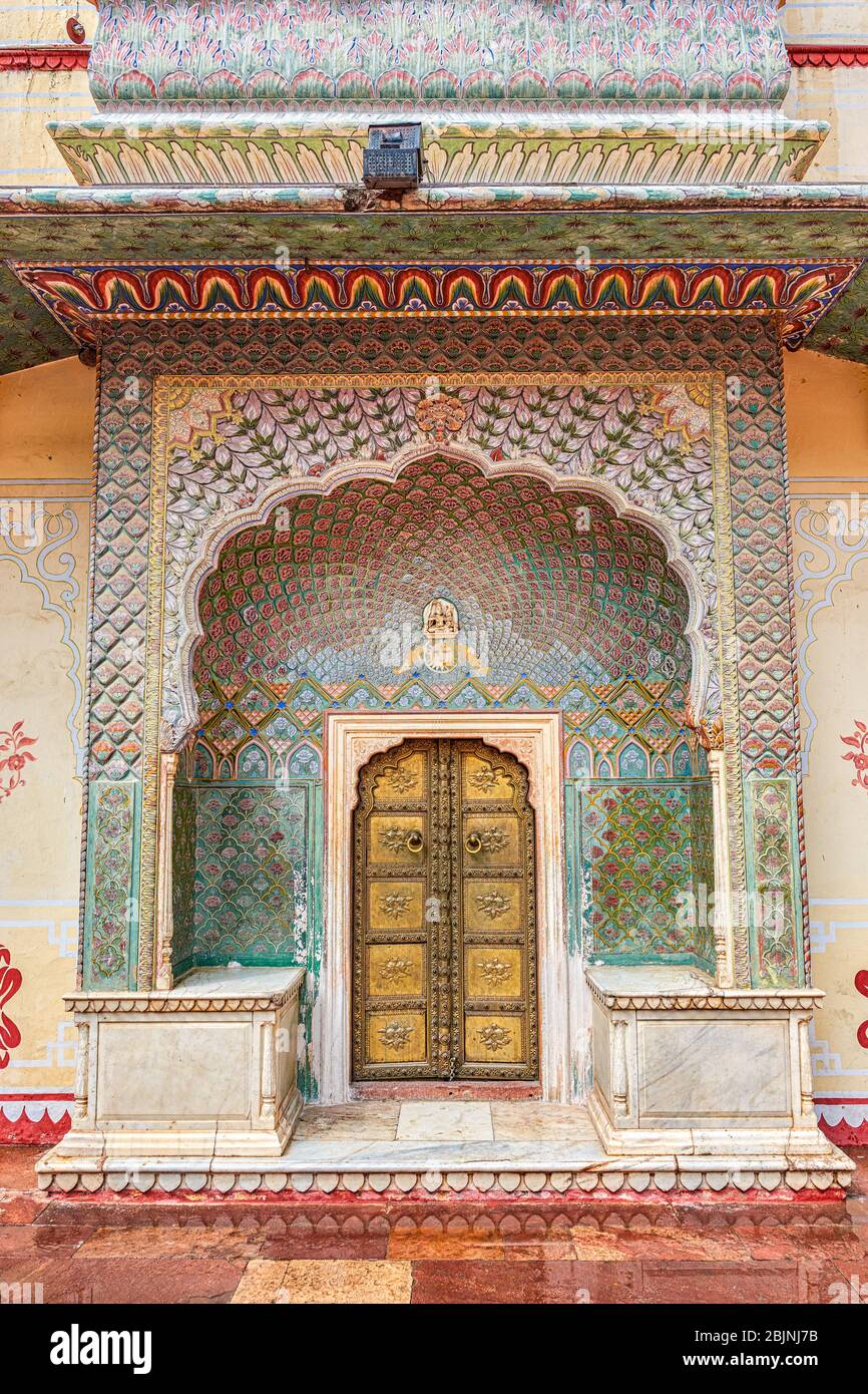 Beautifully decorated Rose Gate at the Pritam Niwas Chowk of the Jaipur City Palace in Jaipur, Rajasthan, India Stock Photo