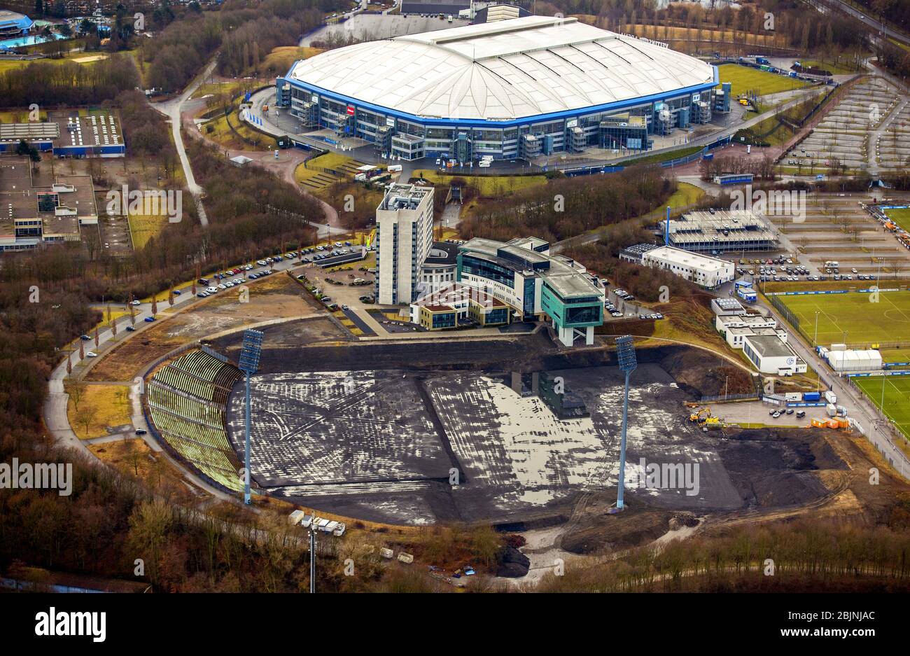 area of Auf Schalke with Veltins Arena and former stadium Parkstadion in Gelsenkirchen-Ost, 04.02.2017, aerial view, Germany, North Rhine-Westphalia, Ruhr Area, Gelsenkirchen Stock Photo