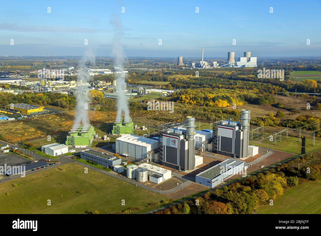 Trianel gas and steam power plant in Hamm-Uentrop in the evening, 31.10.2016, aerial view, Germany, North Rhine-Westphalia, Ruhr Area, Hamm Stock Photo