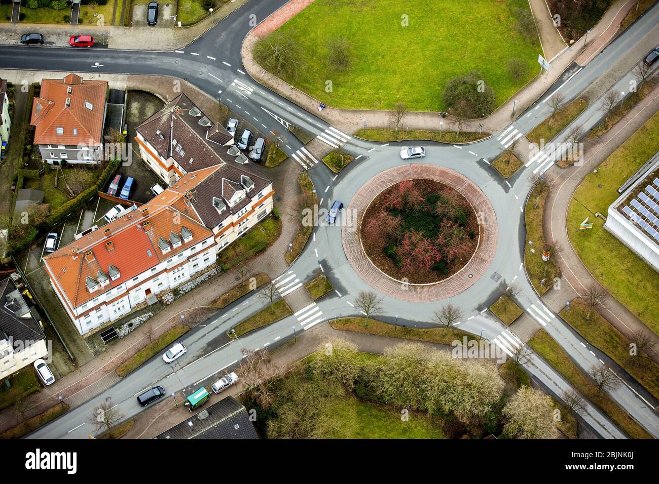 , roundabout of the streets Schuetzenstrasse, Wilhelmstrasse and In der Dorfheide in Gladbeck, 04.02.2017, aerial view, Germany, North Rhine-Westphalia, Ruhr Area, Gladbeck Stock Photo