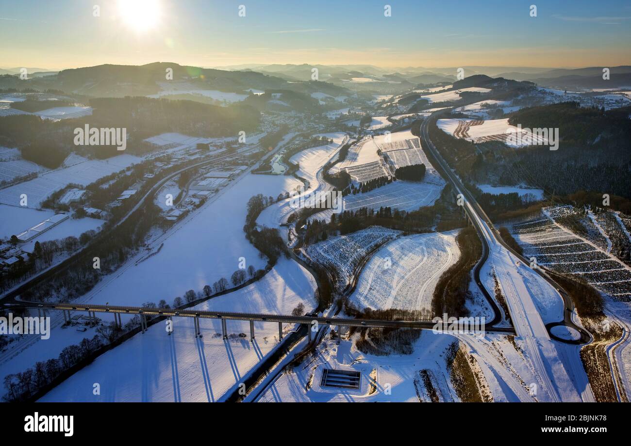 , Bestwig-Velmede at river Ruhr in winter, 22.01.2017, aerial view, Germany, North Rhine-Westphalia, Sauerland, Bestwig Stock Photo