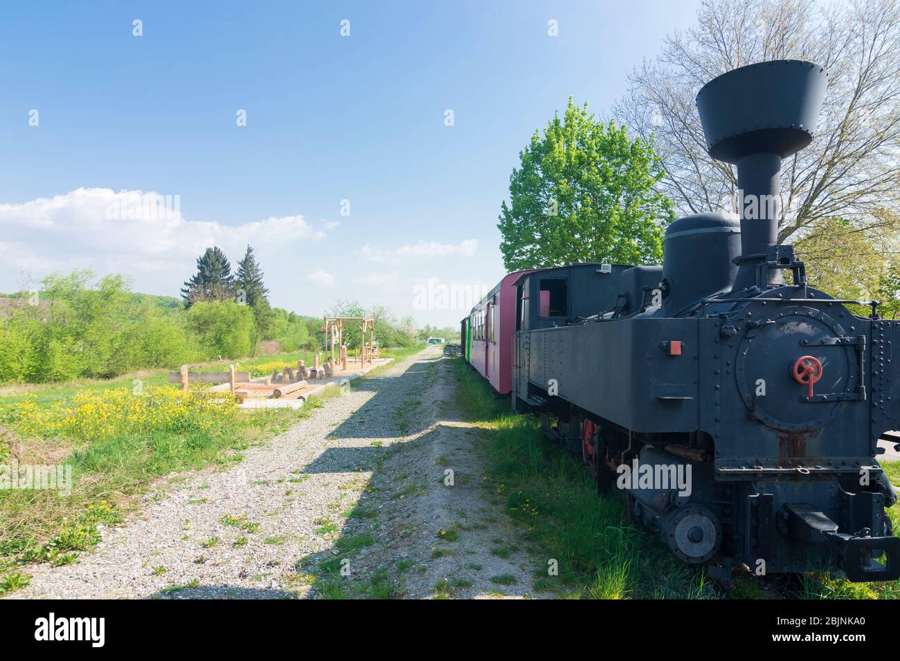 Bischofstetten: steam locomotive of former local railway line Lokalbahn Ober-Grafendorf–Gresten (Krumpe), in Mostviertel, Niederösterreich, Lower Aust Stock Photo