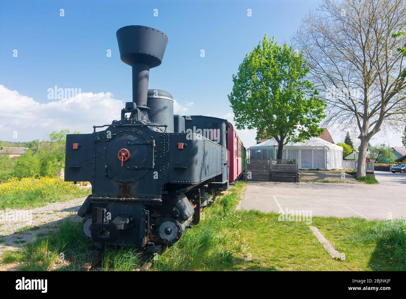 Bischofstetten: steam locomotive of former local railway line Lokalbahn Ober-Grafendorf–Gresten (Krumpe), in Mostviertel, Niederösterreich, Lower Aust Stock Photo