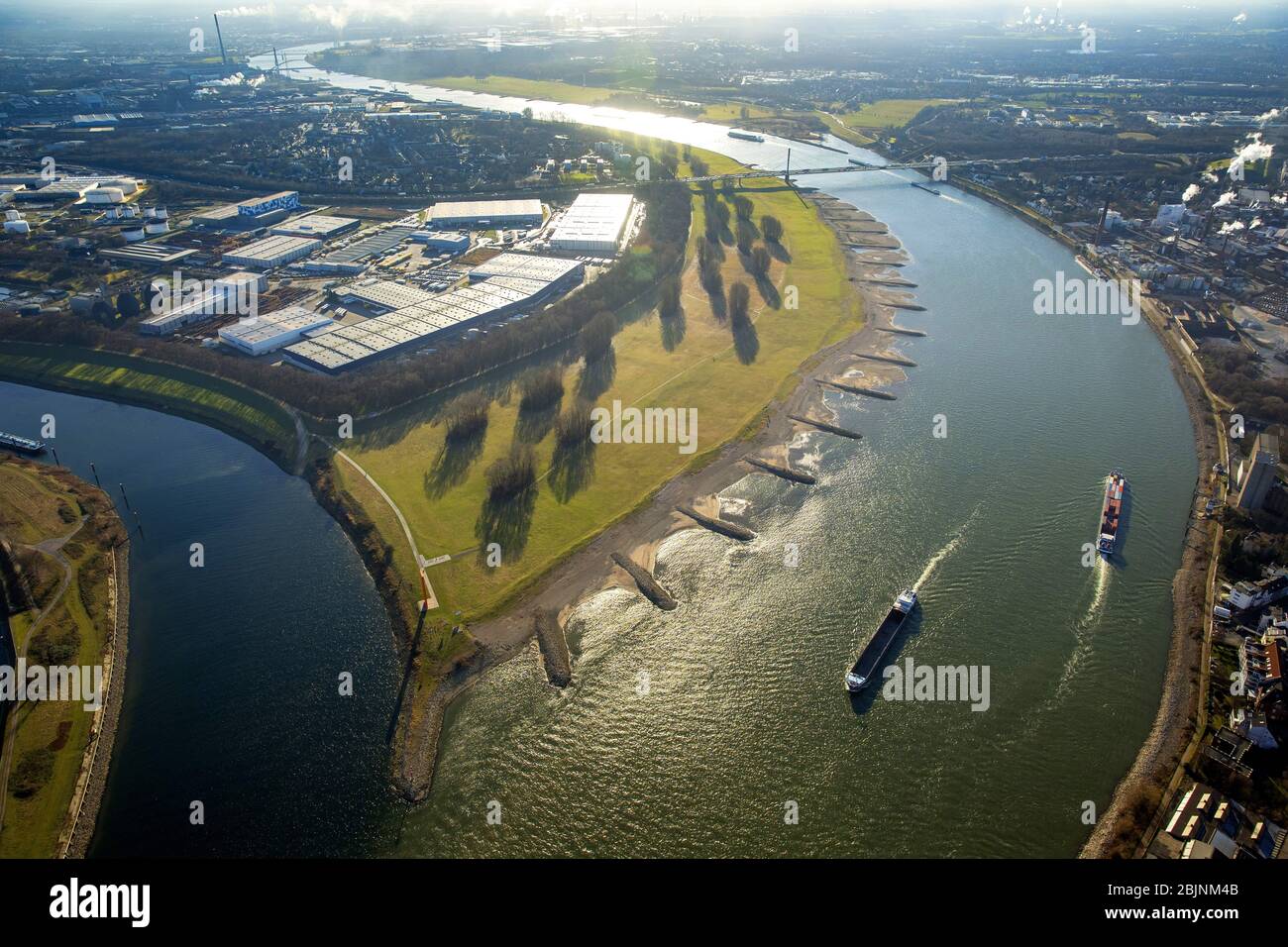 , mouth of river Ruhr into river Rhine in Duisburg, 05.01.2017, aerial view, Germany, North Rhine-Westphalia, Ruhr Area, Duisburg Stock Photo
