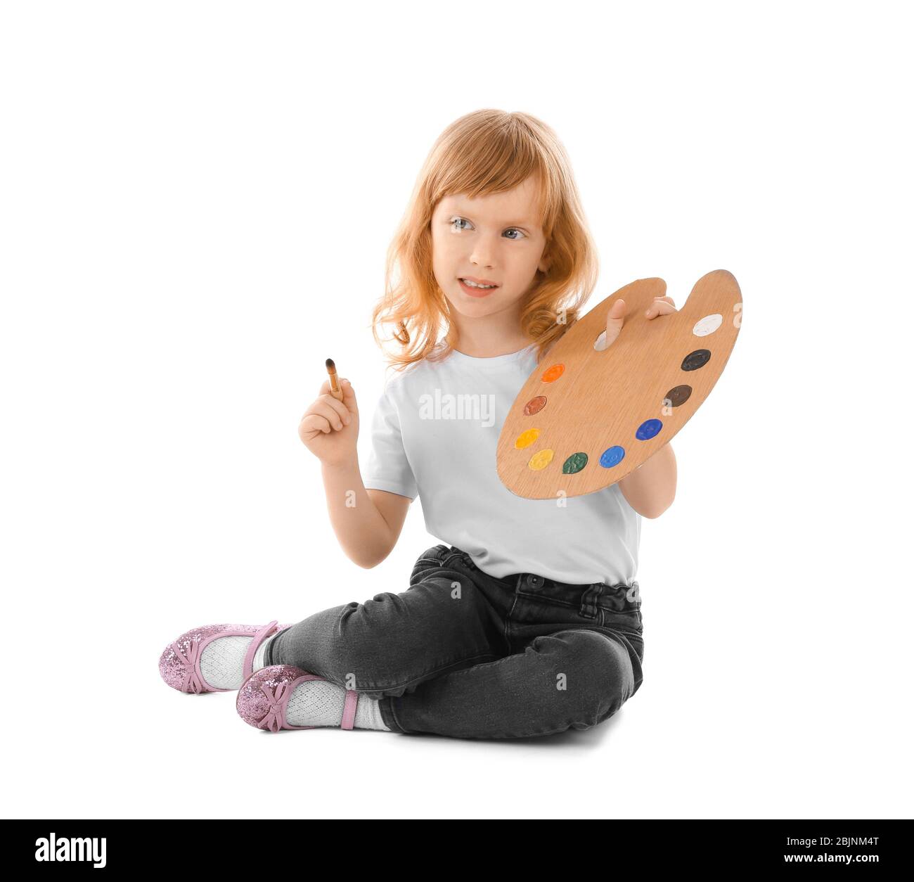 Cute girl with brush and palette against white background Stock Photo ...