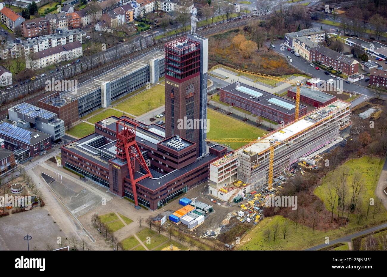 Office building of the administrative and business center of Vivawest Wohnen GmbH, headquartered in Nordsternpark on the area of former Nordstern colliery, 04.02.2017, aerial view, Germany, North Rhine-Westphalia, Ruhr Area, Gelsenkirchen Stock Photo