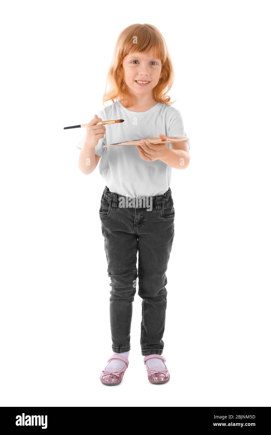 Cute girl with brush and palette against white background Stock Photo ...
