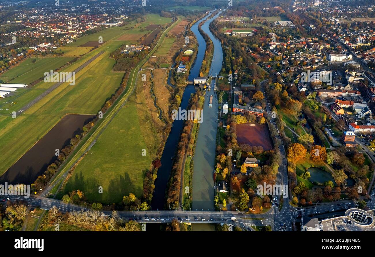 river Lippe and chanel Datteln-Hamm-Kanal in Hamm, 12.11.2016, aerial view, Germany, North Rhine-Westphalia, Ruhr Area, Hamm Stock Photo