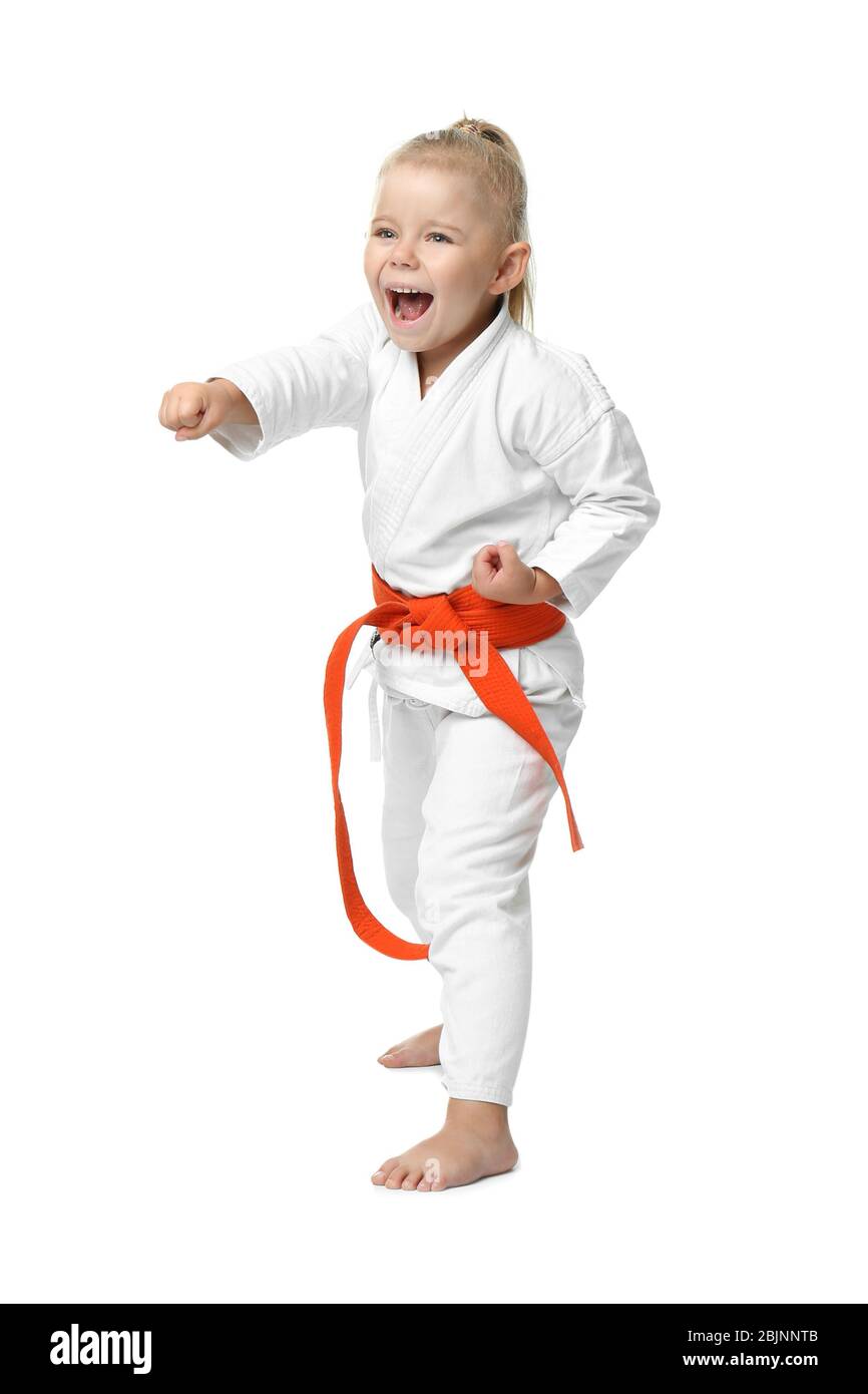 Little girl practicing karate on white background Stock Photo Alamy