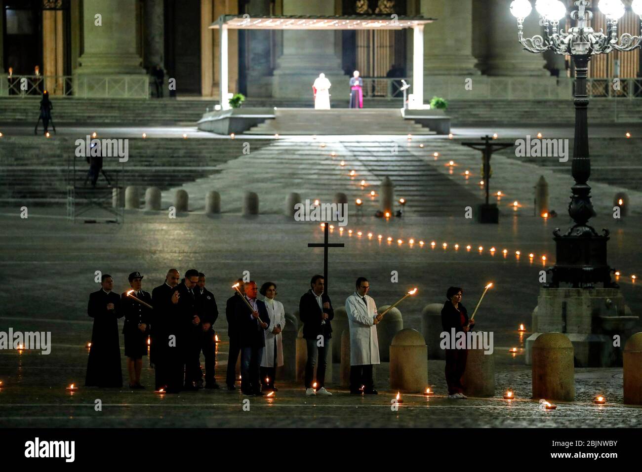 Rome, April 10, 2020, Vatican City : The Holy Week in Rome at the time of Coronavirus outbreak.The Pope Francis take part the Way the Cross (Via Cruci Stock Photo