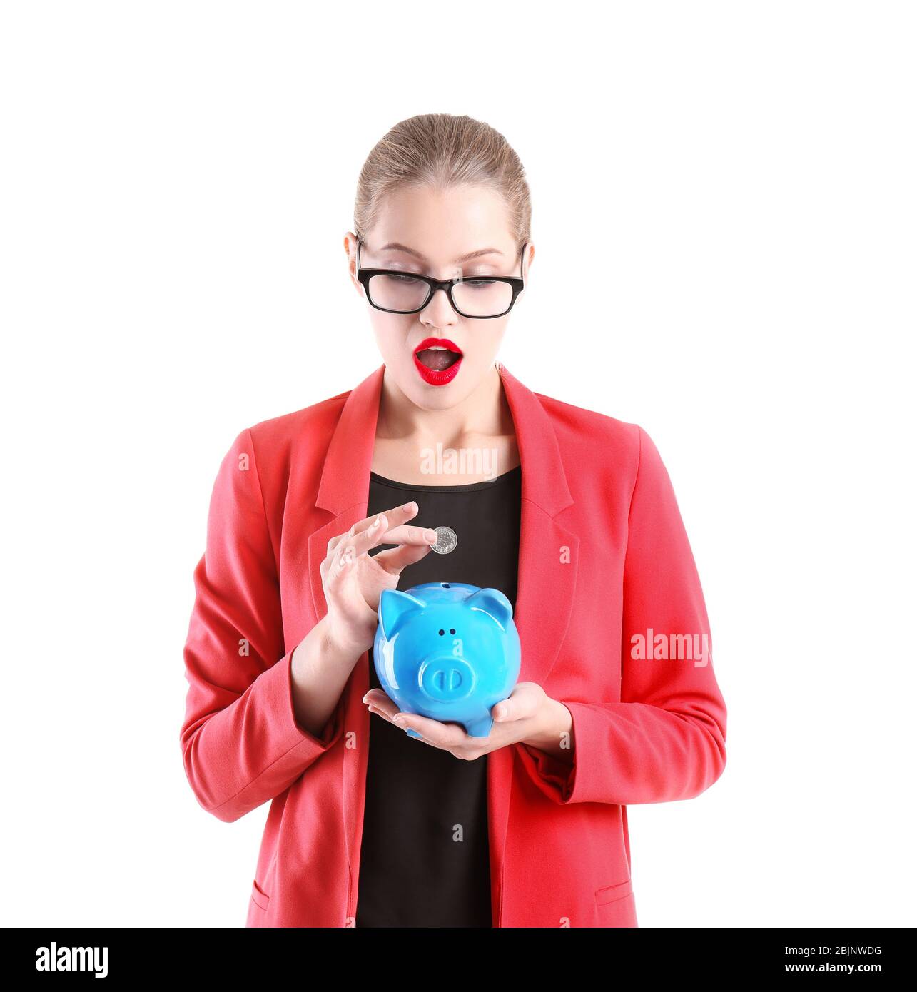Beautiful young woman with piggy bank on white background Stock Photo ...
