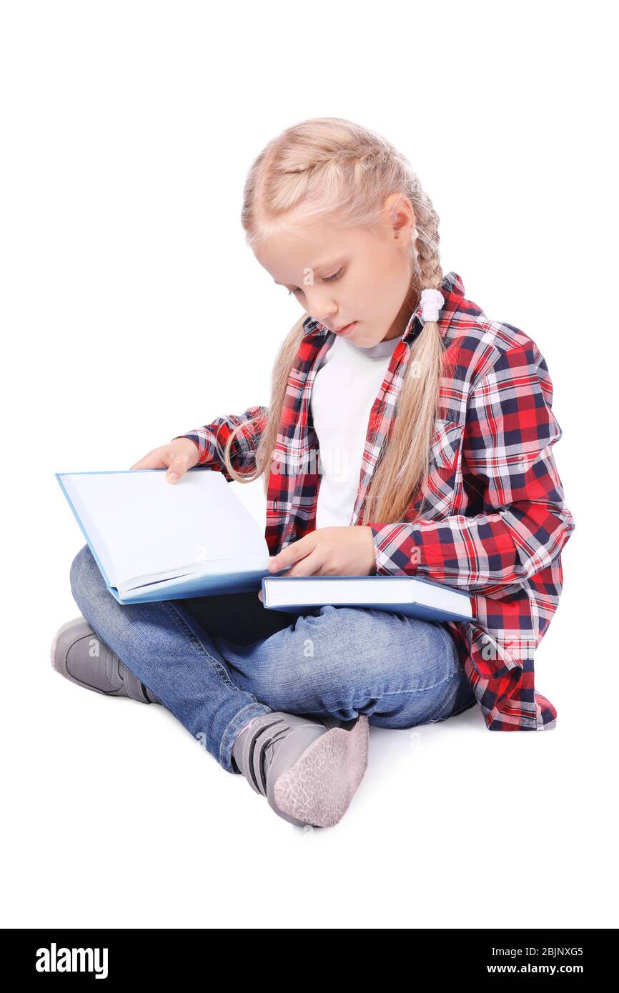 Cute little girl with books on white background Stock Photo - Alamy