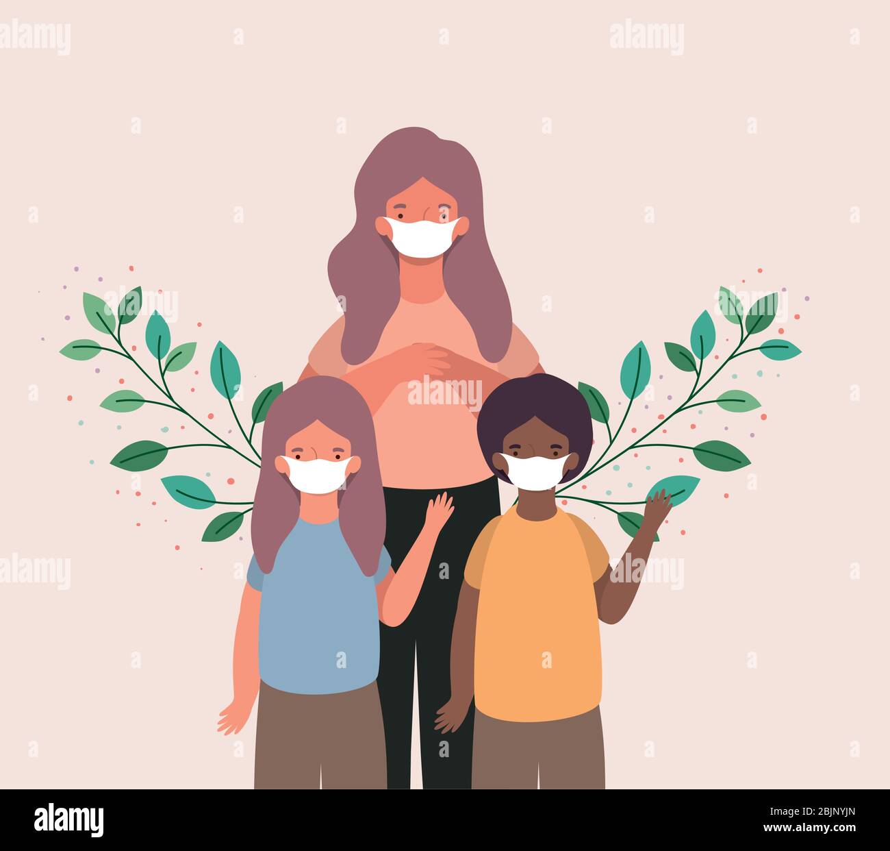 Mother son and daughter with masks and leaves vector design Stock ...
