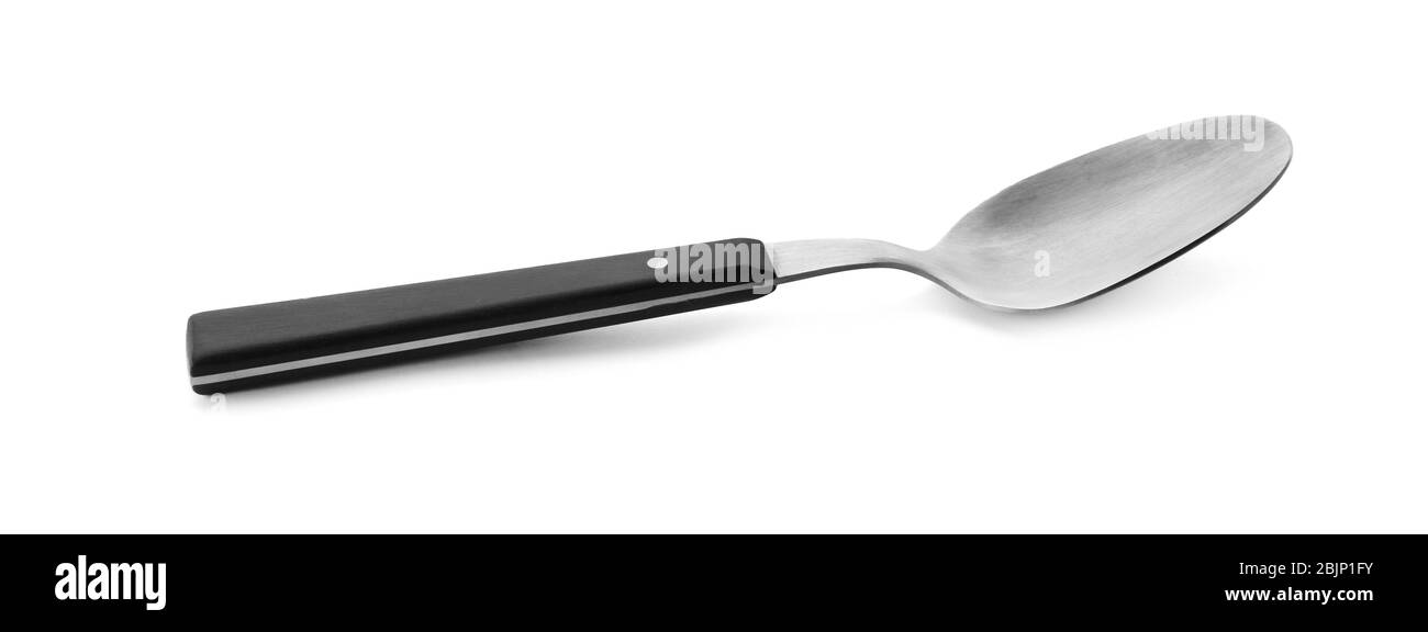 Spoon with black handle on white background Stock Photo Alamy