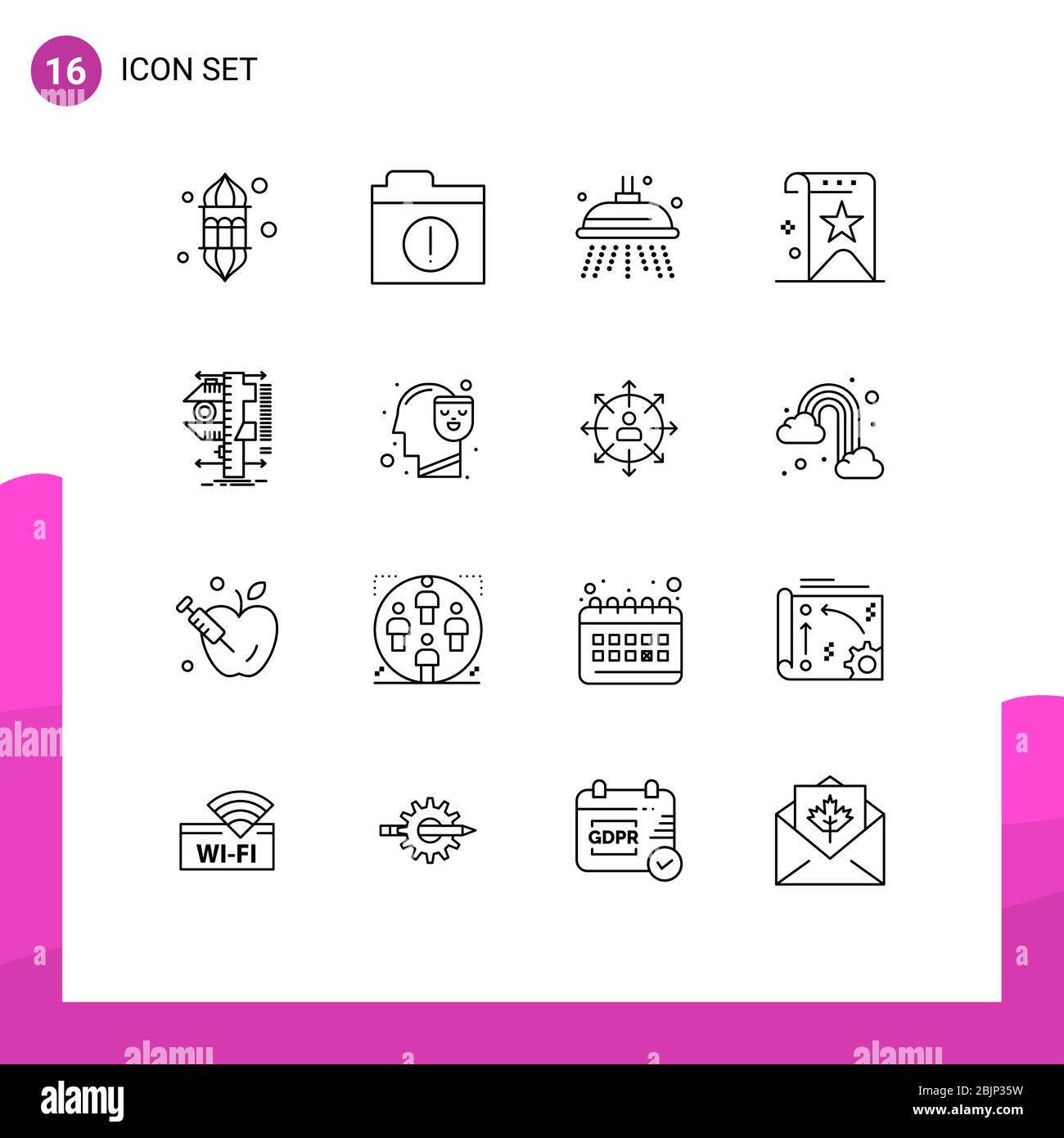 Mobile Interface Outline Set of 16 Pictograms of caliper, reputation, water, rank, favorite Editable Vector Design Elements Stock Vector