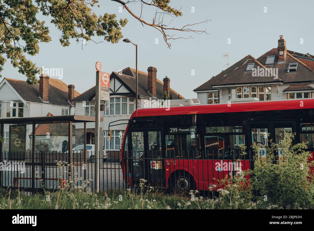 London, UK April 22, 2020 Bus 299 to Winchmore Hill at a bus stop in Palmers Green, a