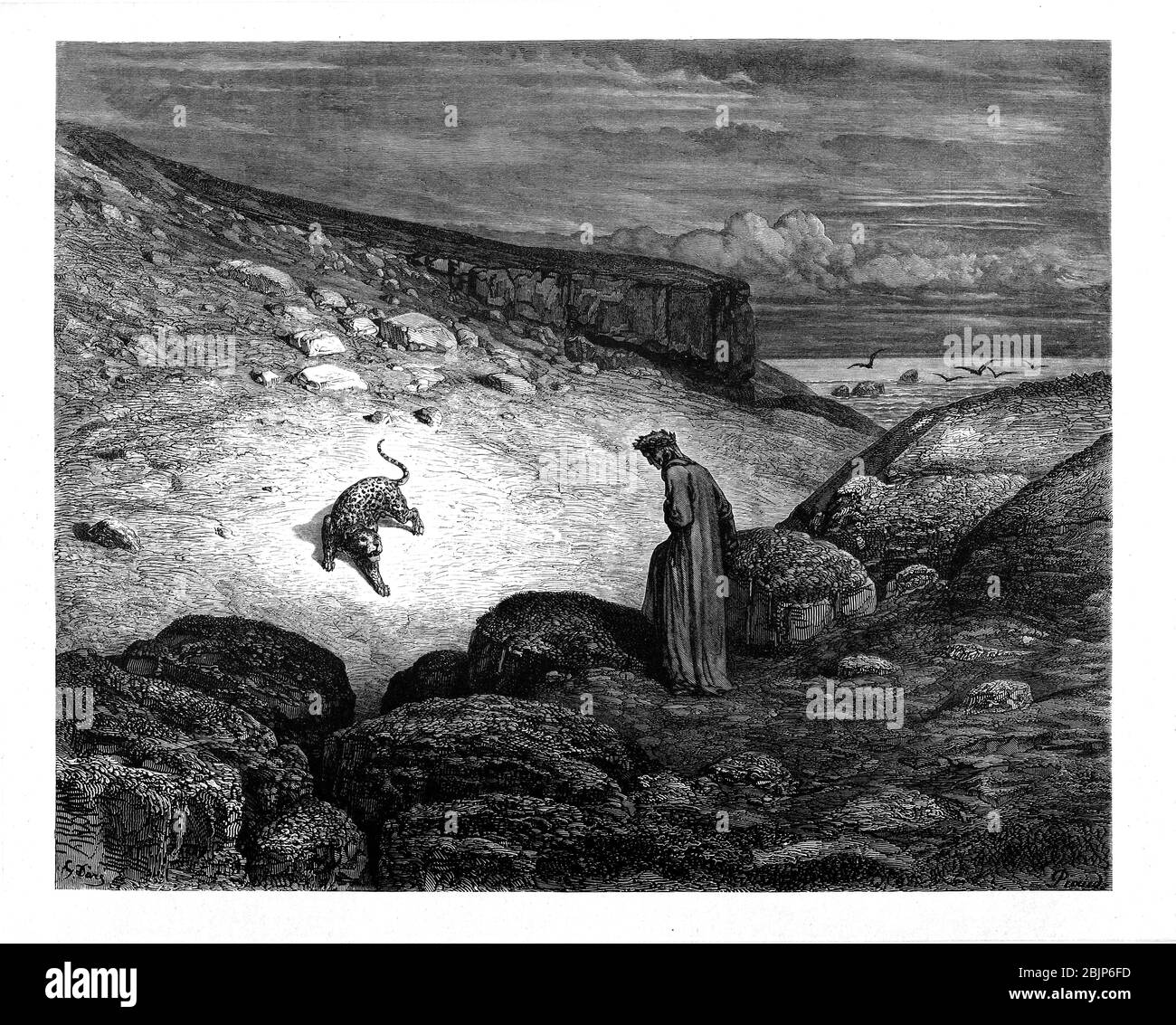 The Panther in the desert From the Divine Comedy by 14th century Italian poet Dante Alighieri. 1860 artwork, by French artist Gustave Dore and engraved by Stephane Pannemaker, from 'The Vision of Hell' (1868), Cary's English translation of the Inferno. Dante wrote his epic poem 'Divina Commedia' (The Divine Comedy) between 1308 and his death in 1321. Consisting of 14,233 lines, and divided into three parts (Inferno, Purgatorio, and Paradiso), it is considered the greatest literary work in the Italian language and a world masterpiece. It is a comprehensive survey of medieval theology, literatur Stock Photo