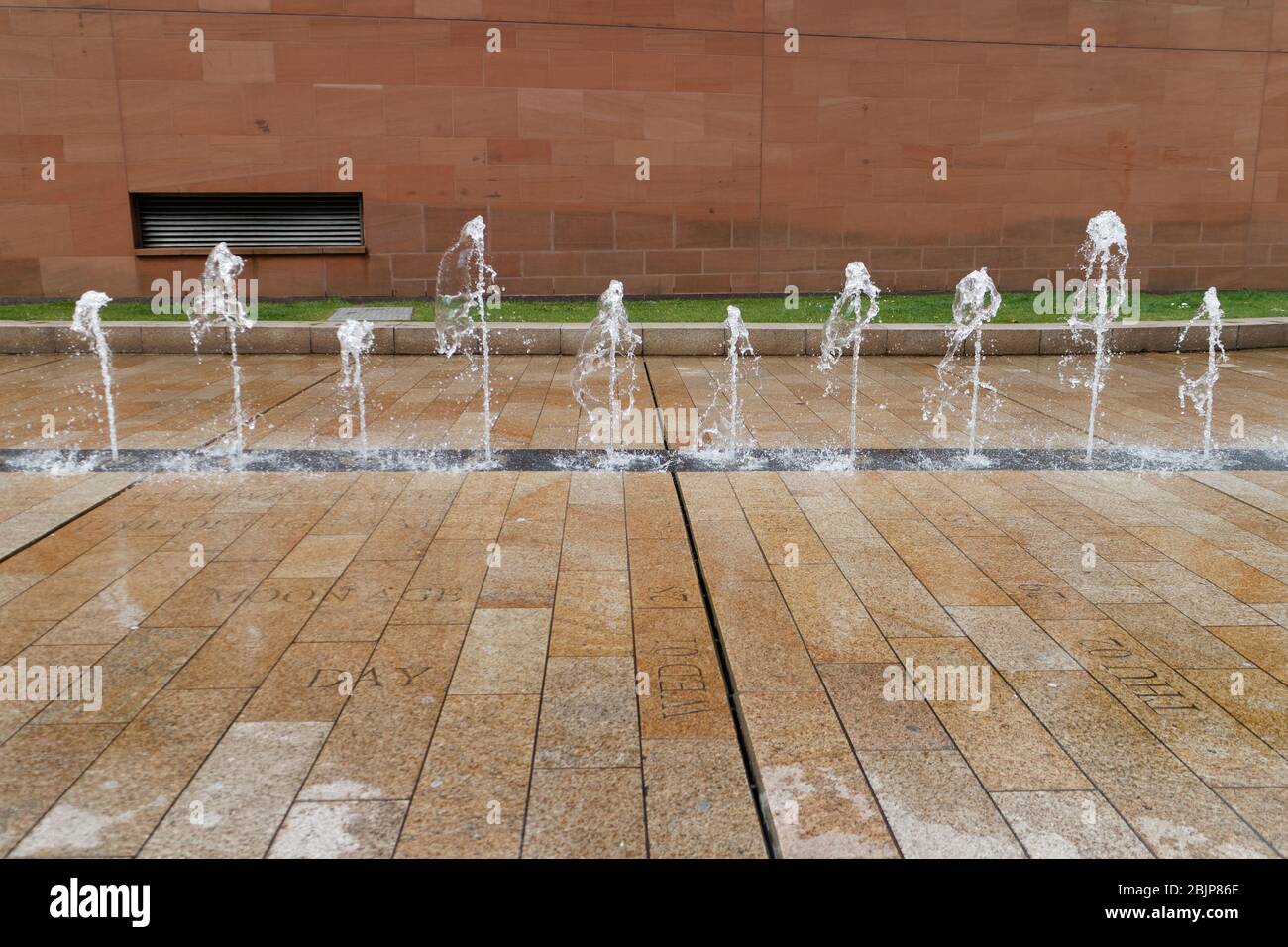 Fountains in Liverpool One honour William Hutchinson, dock master at the Old Dock (1759-1793) and a pioneer of navigation and tidal science Stock Photo