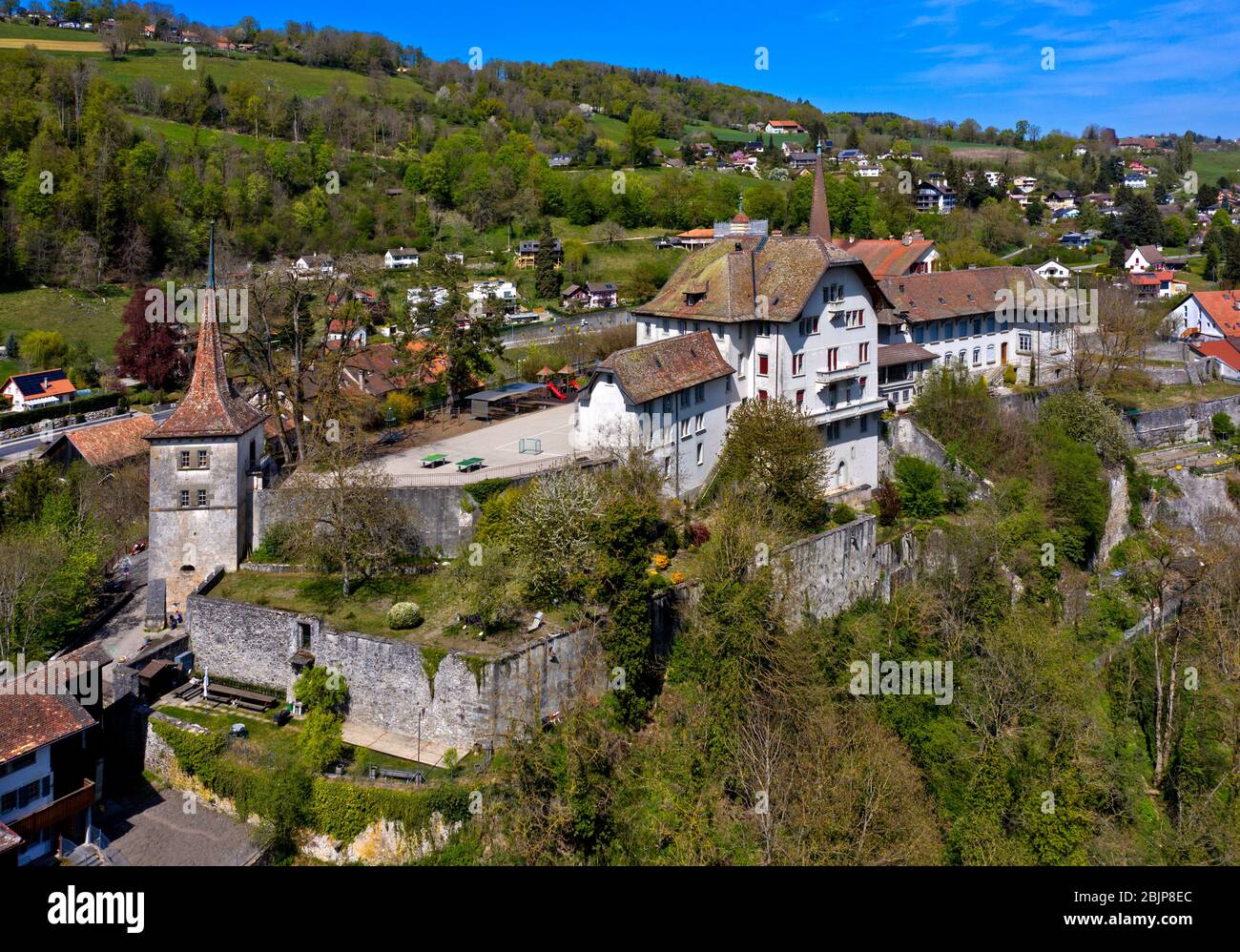 Carrouge Castle, Chateau de Carrouge, with medieval watchtower, district Le Bourg, Moudon, canton of Vaud, Switzerland. Stock Photo