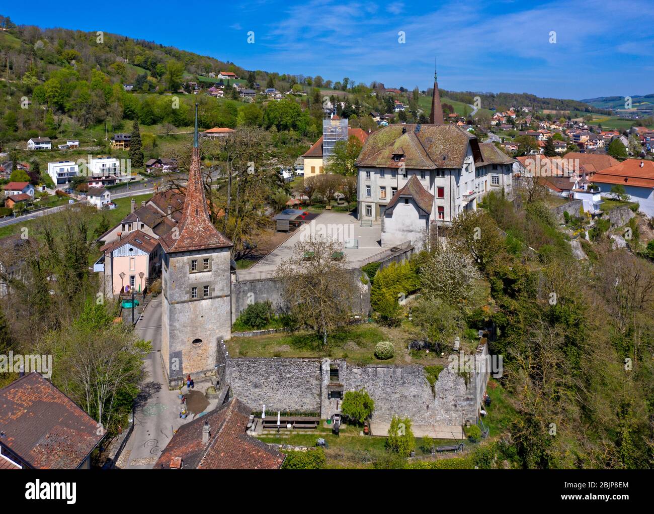 Carrouge Castle, Chateau de Carrouge, with medieval watchtower, district Le Bourg, Moudon, canton of Vaud, Switzerland. Stock Photo