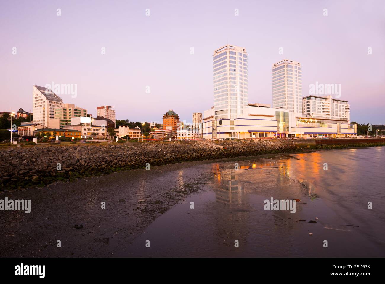 Skyline of buildings at downtown Puerto Montt, Chilean Lake District, Chile Stock Photo