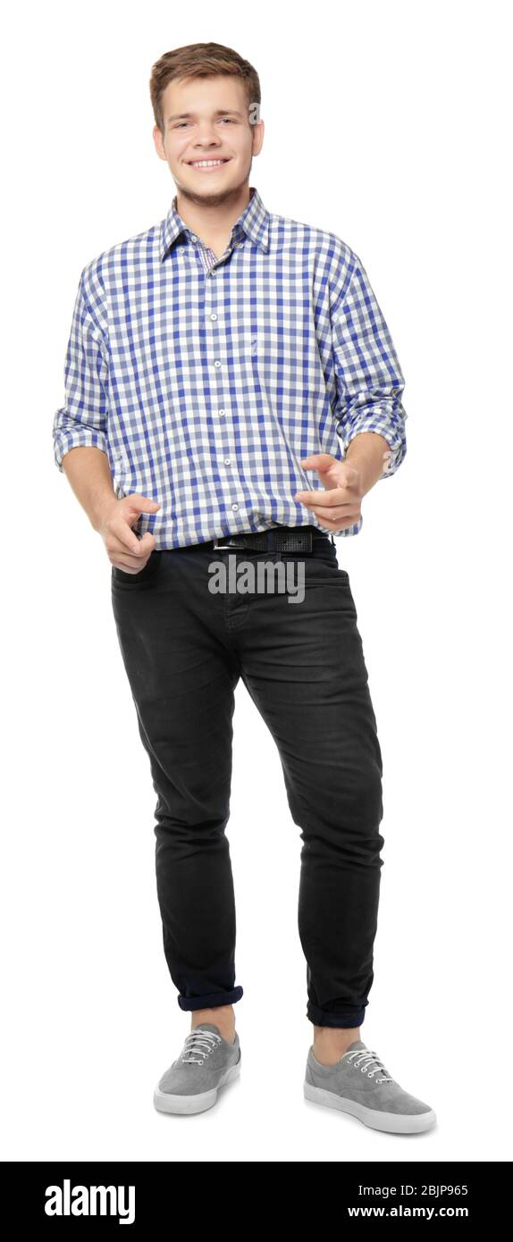 Teenage boy in casual clothes on white background Stock Photo