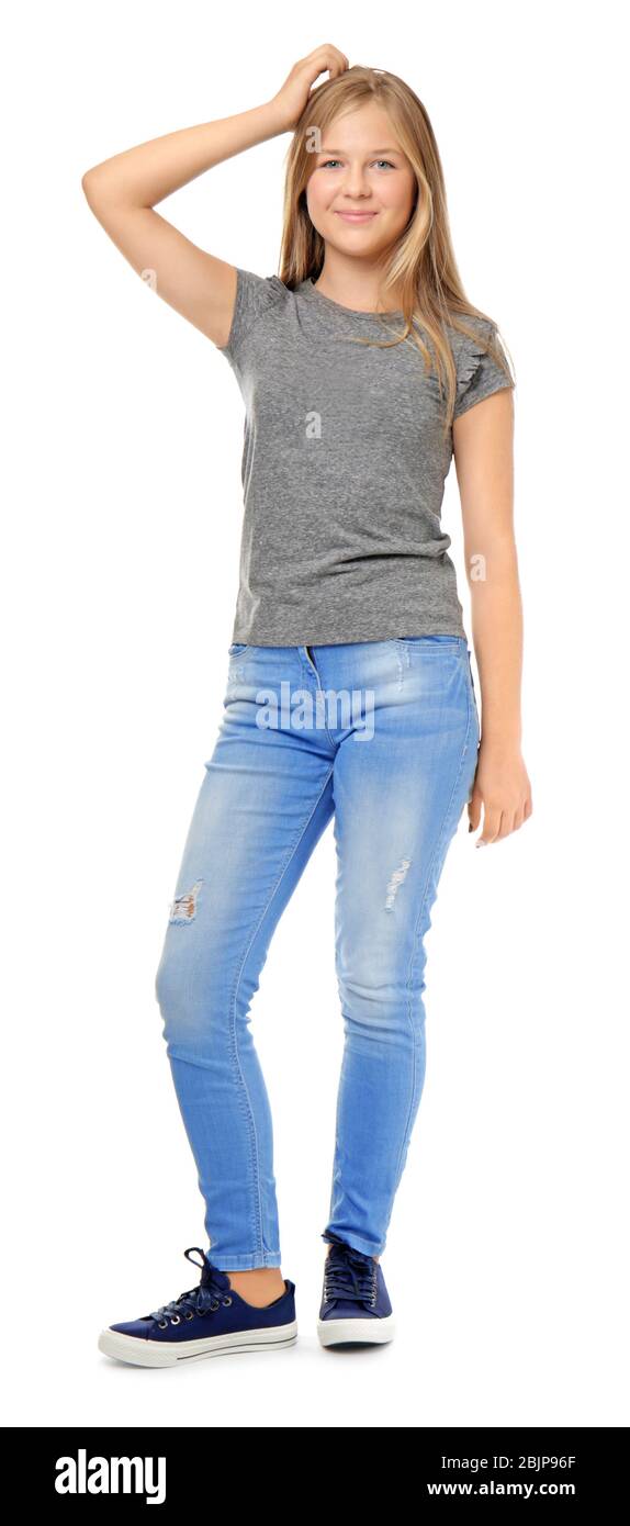 Teenage girl in casual clothes on white background Stock Photo