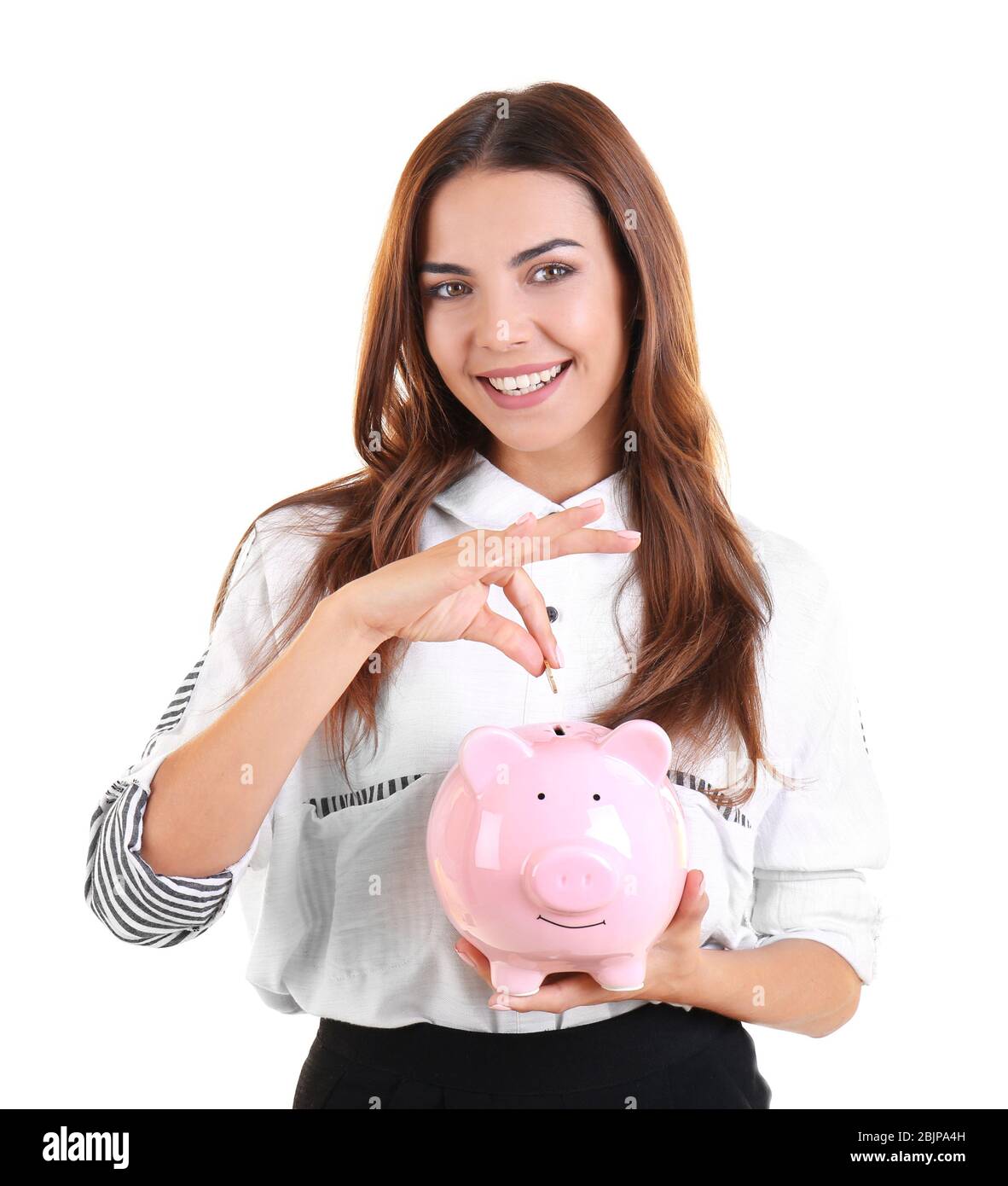 Beautiful young woman with piggy bank on white background Stock Photo ...