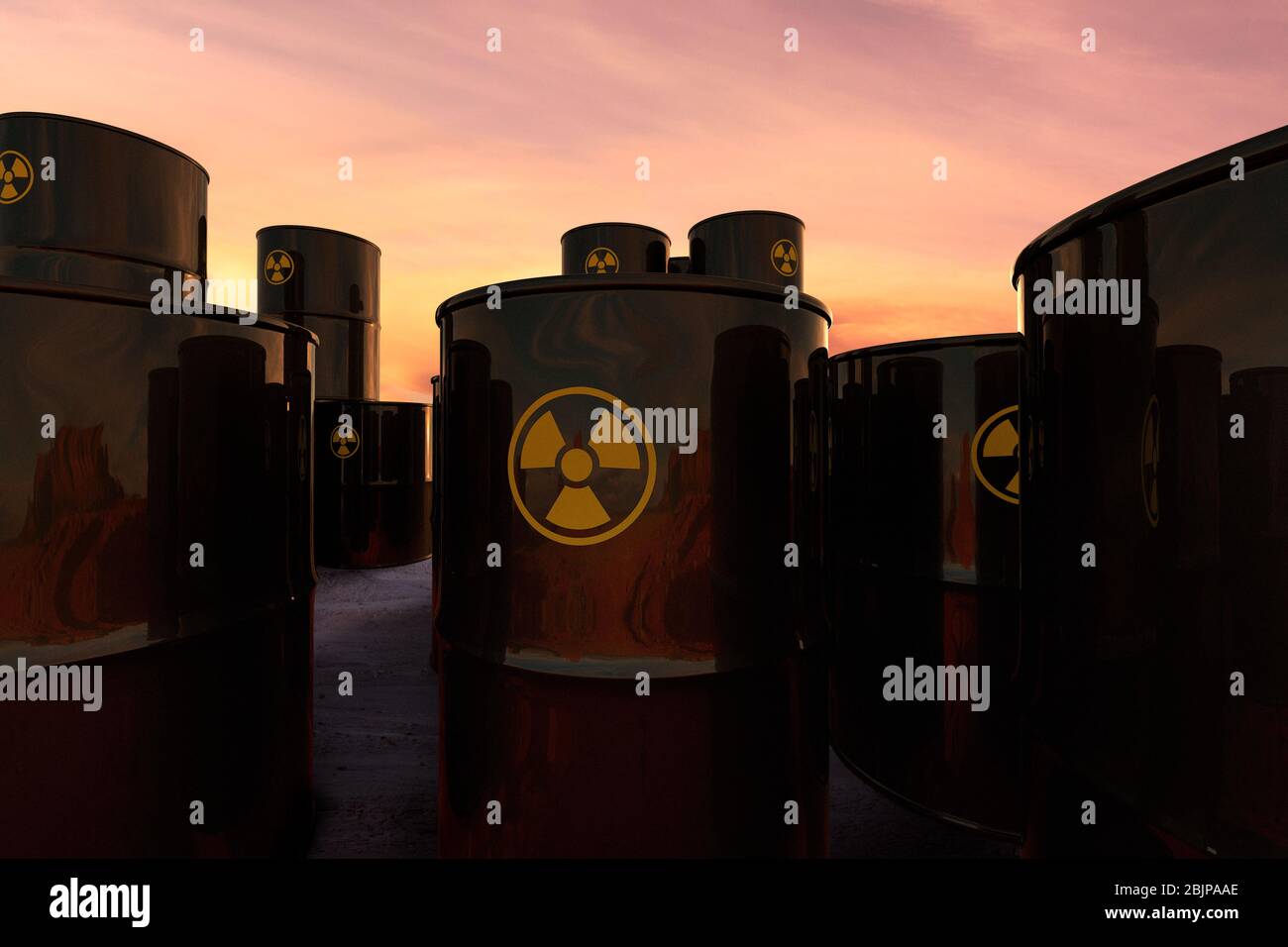 3D rendering of a stack of barrels with radioactive material abandoned ...