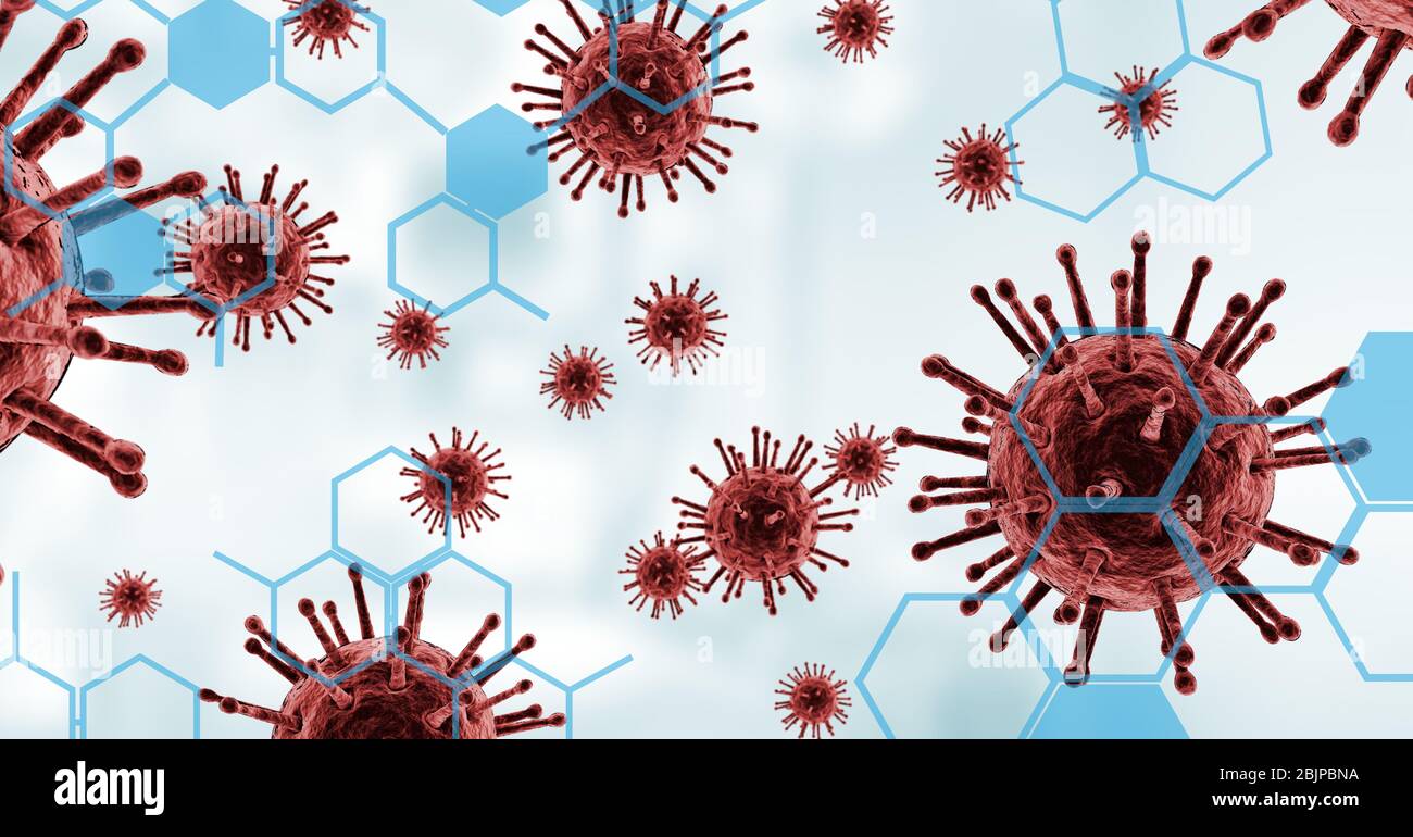 Digital illustration of macro Coronavirus Covid-19 cells floating on white background Stock Photo
