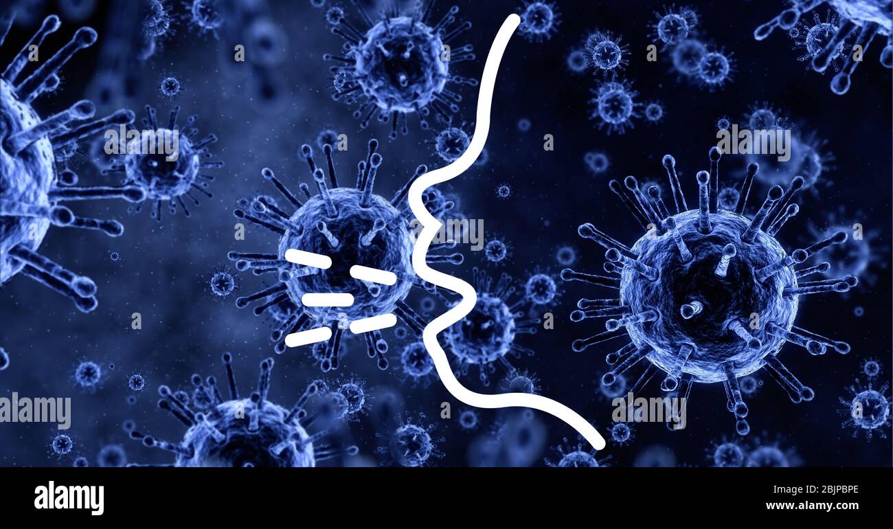 Digital illustration of a coughing sign over Coronavirus Covid-19 cells floating in background Stock Photo