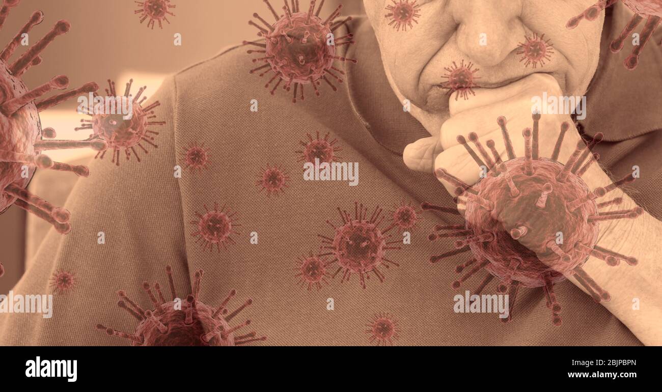 Digital illustration of a man coughing over macro Coronavirus Covid-19 cells floating Stock Photo