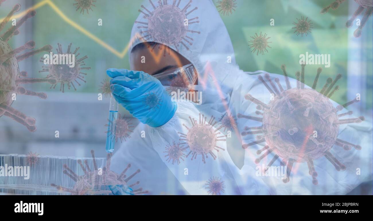 Digital illustration of a scientist in a lab wearing coronavirus covid19 mask with cells spreading Stock Photo