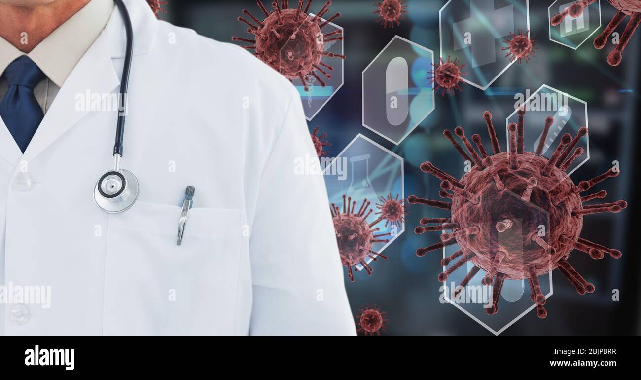 Digital illustration of a doctor standing over medical icons and macro Coronavirus Covid-19 cells fl Stock Photo