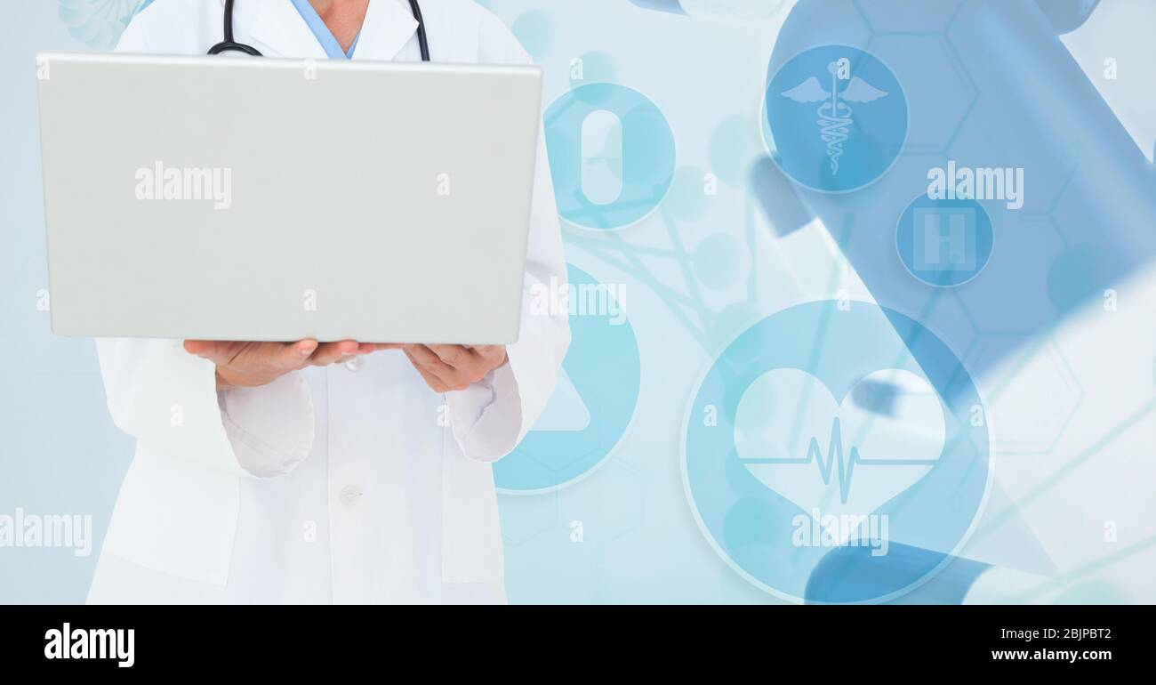 Digital illustration of a doctor holding a laptop over medical icons Stock Photo