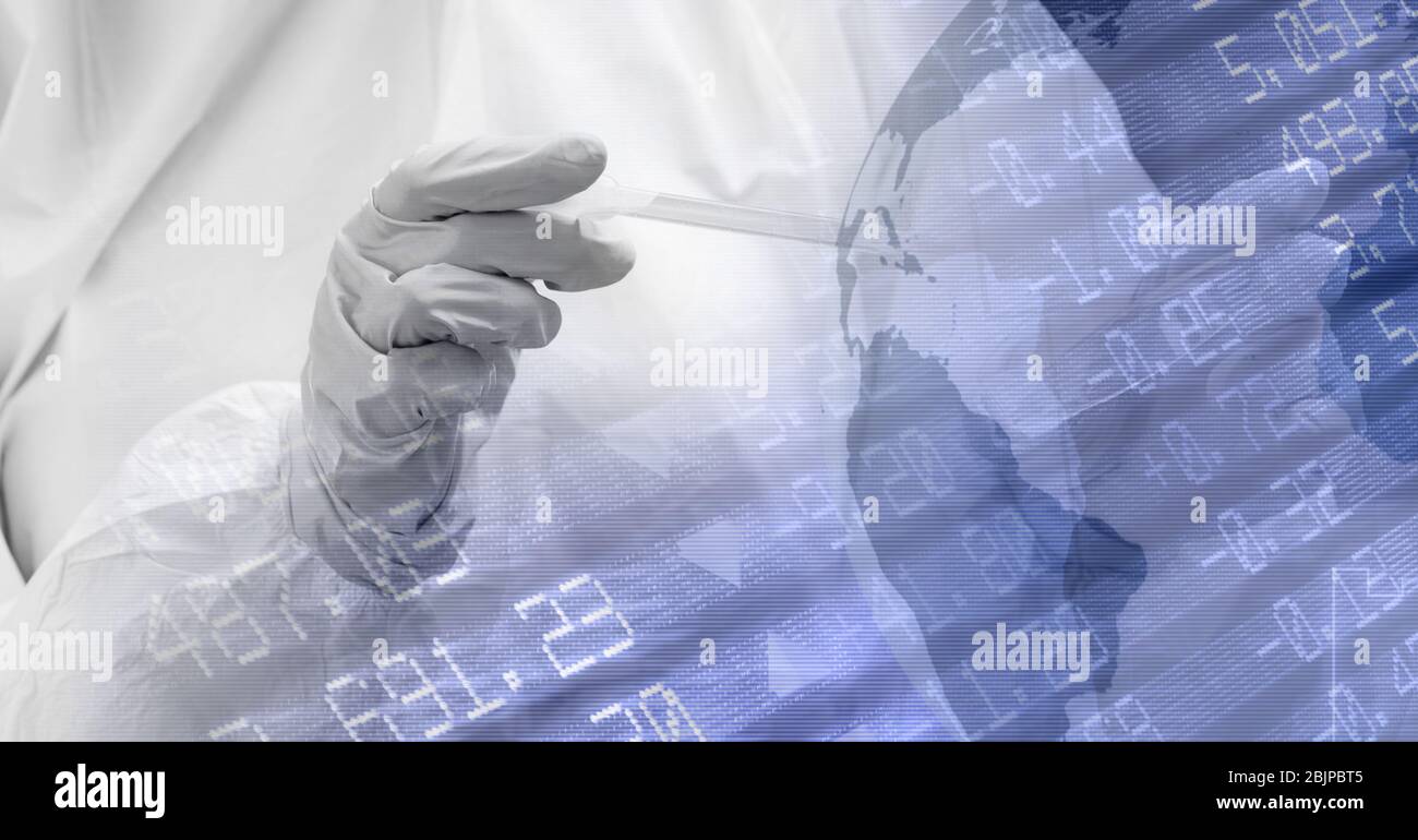 Digital illustration of a scientist wearing protective gloves over a globe and data processing Stock Photo