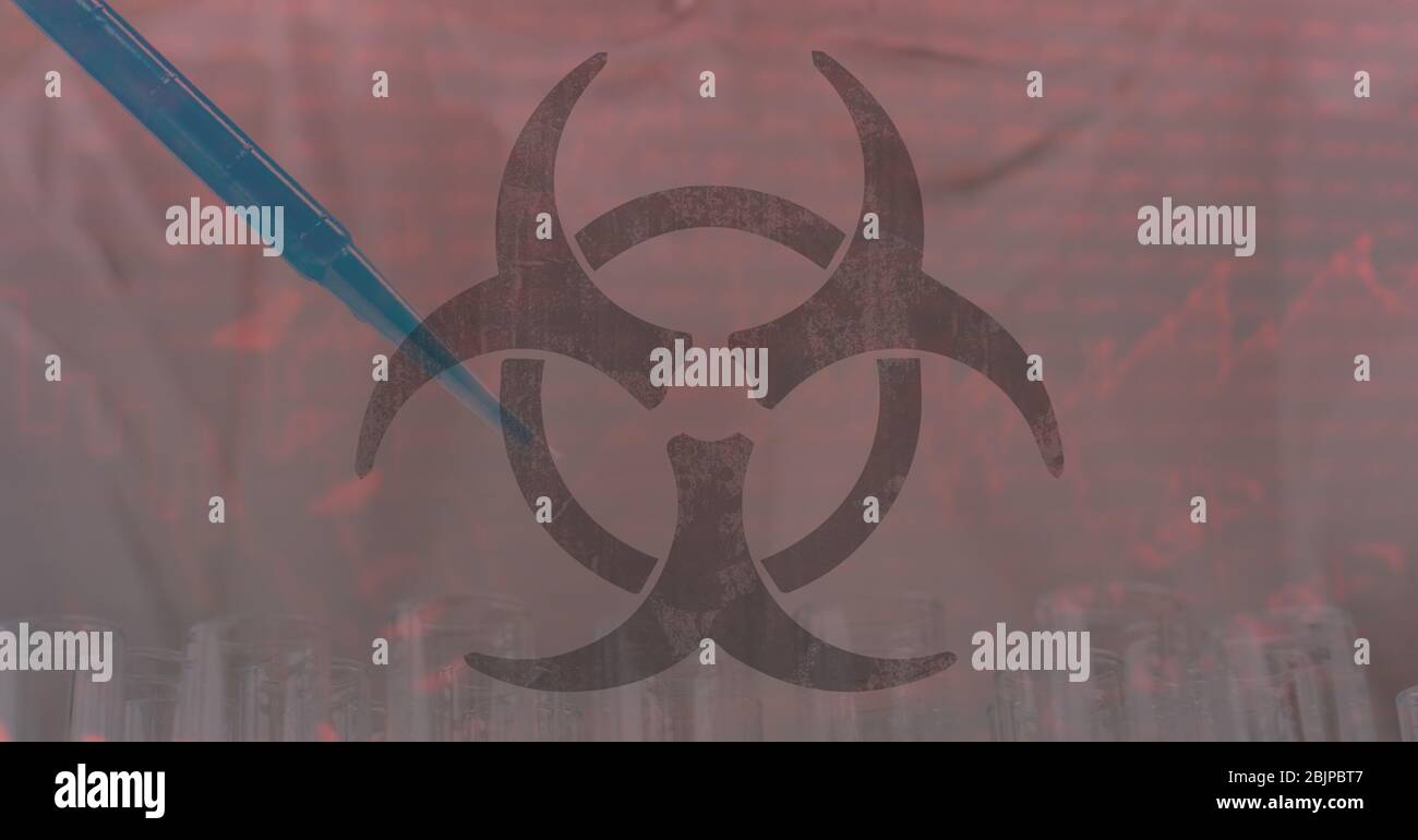 Digital illustration of a hazard sign over data processing, statistics showing in the background Stock Photo