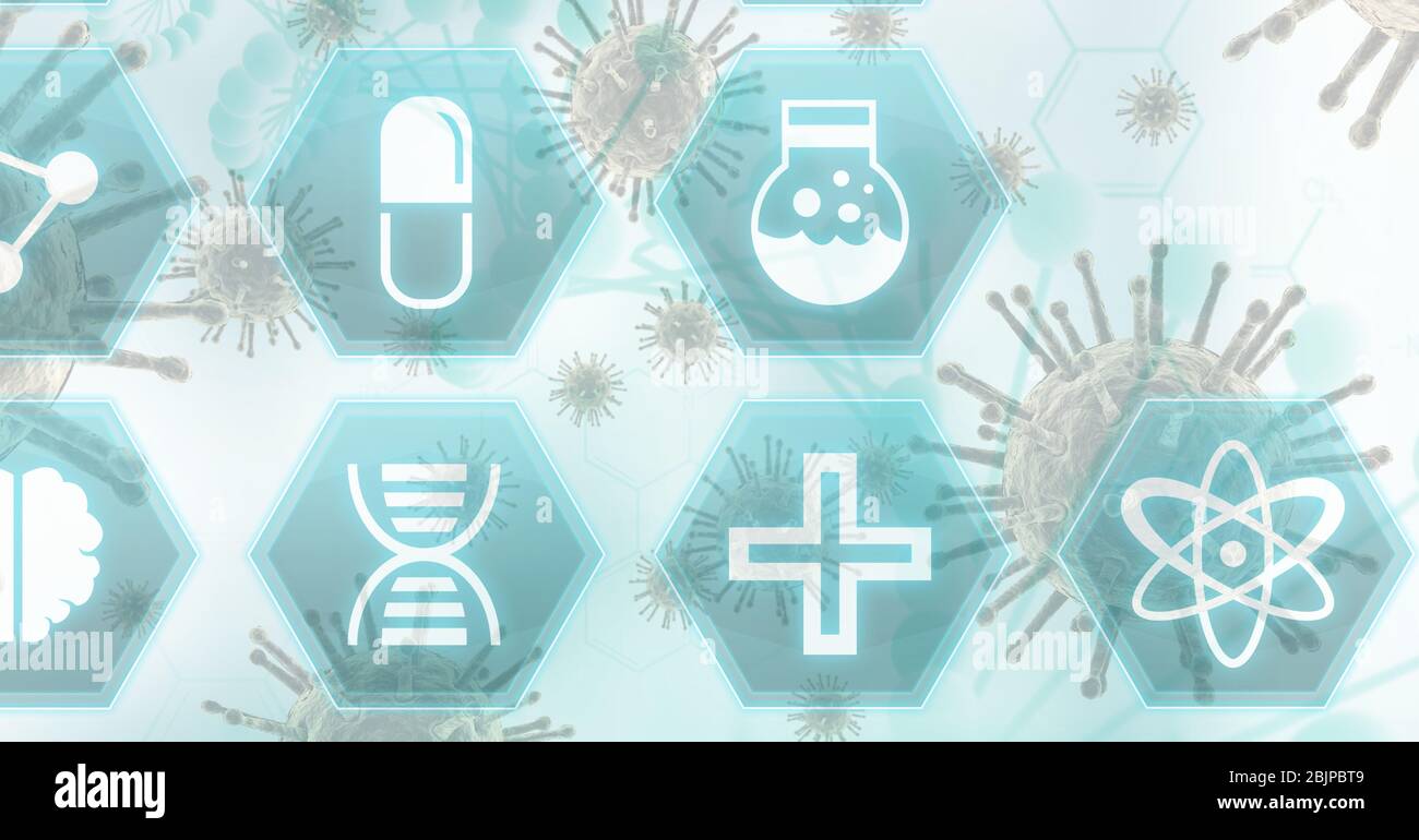 Digital illustration of medical icons with macro Coronavirus Covid-19 cells floating on a white back Stock Photo