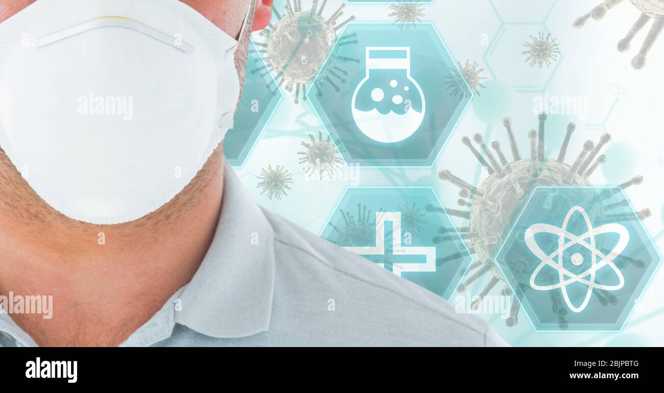 Digital illustration of a man wearing a face mask over medical icons Stock Photo