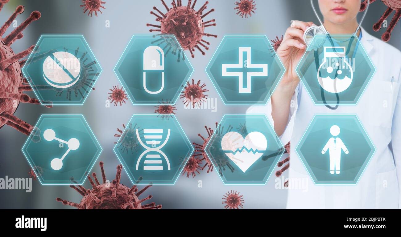 Digital illustration of a doctor ver medical icons and  macro Coronavirus Covid-19 cells floating Stock Photo