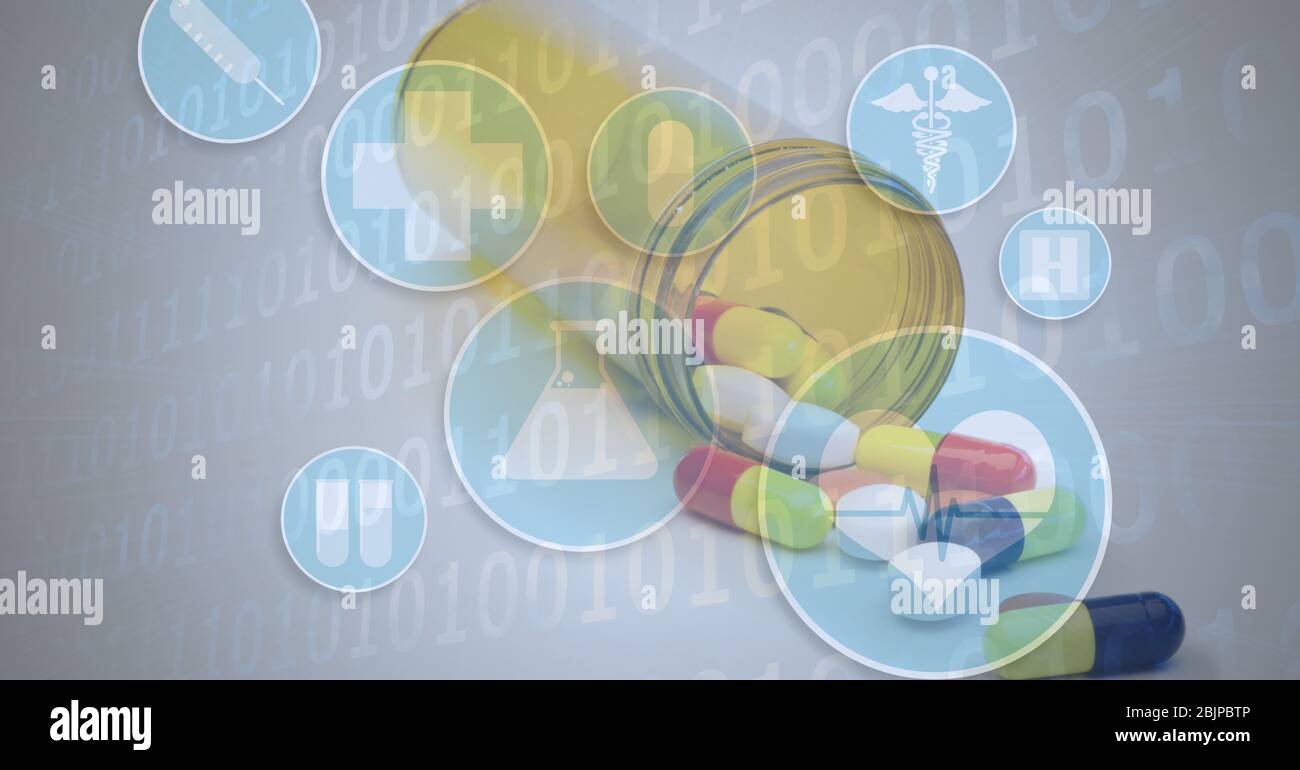Digital illustration of medical pills lying outside a jar over medical icons Stock Photo