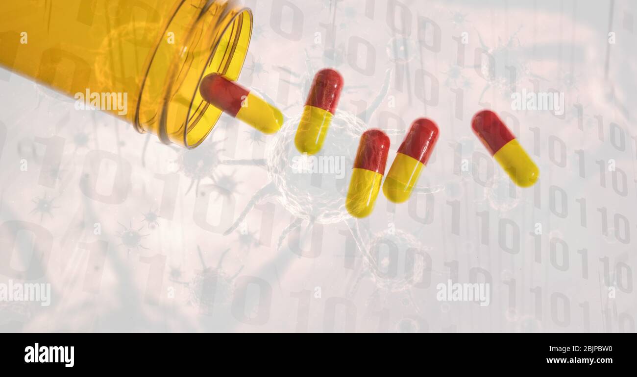 Digital illustration of medical pills falling out of a jar over data processing withstatistics showi Stock Photo
