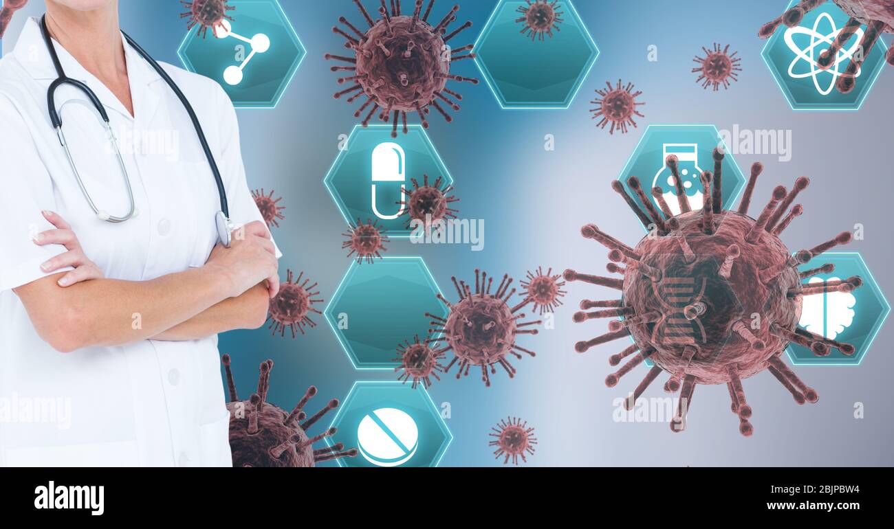 Digital illustration of a doctor over macro Coronavirus Covid-19 cells floating, medical icons in th Stock Photo