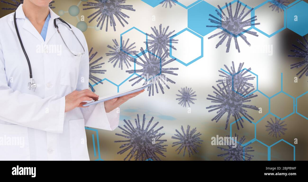 Digital illustration of a doctor over macro Coronavirus Covid-19 cells floating Stock Photo